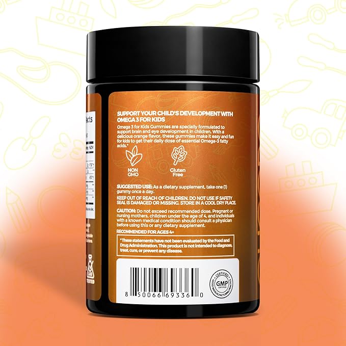 Kids Omega 3 Gummies - DHA & EPA Fish Oil Supplement for Brain, Vision & Immune Health - Non-GMO, Gluten-Free Orange Flavor Chewable Omega 3 for Kids Gummy 4+ - 60 Count