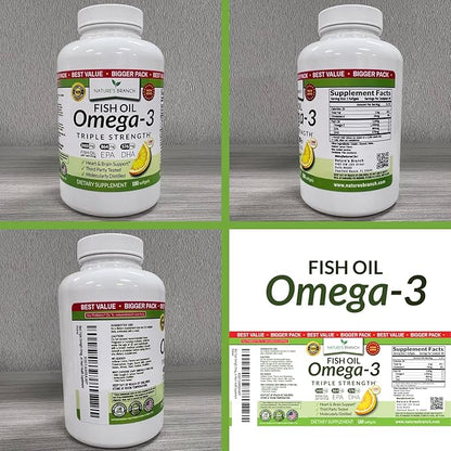 Best Triple Strength Omega 3 Fish Oil Pills - 180 Capsules - 2400mg High Potency Burpless Lemon Flavor 864mg EPA 576mg DHA Ultra Pure Liquid Softgels for Brain Joints Eyes Heart Health Supplement