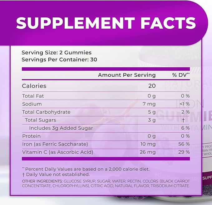 Iron Gummies with Vitamin C - Iron Deficiency Anemia Supplement for Adults & Kids, Chewable, Red Blood Cell Support, Energy, Immune Function, Brain Health, Max Absorption, 120 Vegan Gummies