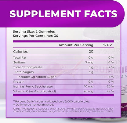 Iron Gummies with Vitamin C - Iron Deficiency Anemia Supplement for Adults & Kids, Chewable, Red Blood Cell Support, Energy, Immune Function, Brain Health, Max Absorption, 120 Vegan Gummies