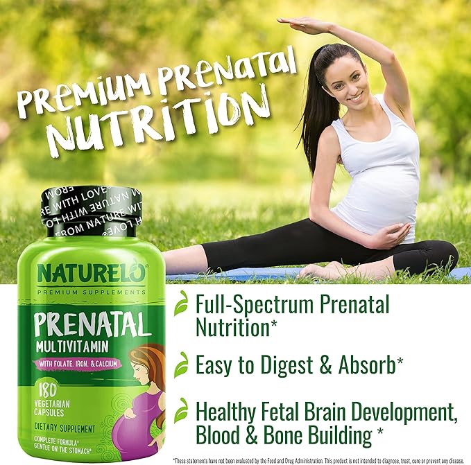 NATURELO Prenatal Multivitamin with Gentle Chelated Iron, Methyl Folate, Plant Calcium & Choline - Vegan, Vegetarian - Non-GMO - Gluten Free - 180 Capsules - 2 Month Supply
