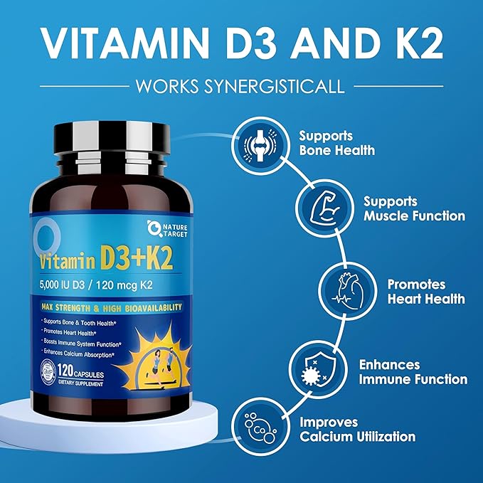 NATURE TARGET Vitamin D3 K2 with Calcium & Magnesium– Max Strength for Bone, Heart & Immune Support – 5000 IU Vitamin D3, 120 mcg K2, Non-GMO, Gluten-Free, 120 Count