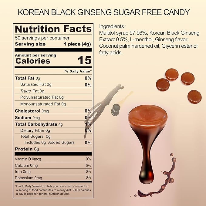 Korean Panax Black Ginseng Candy Real Sugar Free (200g X 2 Bags (400g)) - NO Corn Syrup. Smooth, Breath Refresher, Healthy Candy, Best Taste and Sugar Free, Energy Candy