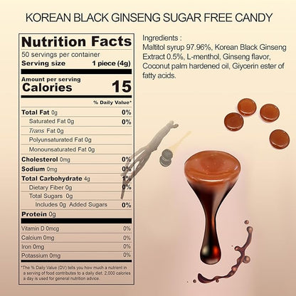 Korean Panax Black Ginseng Candy Real Sugar Free (200g X 2 Bags (400g)) - NO Corn Syrup. Smooth, Breath Refresher, Healthy Candy, Best Taste and Sugar Free, Energy Candy