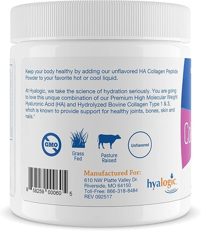 Hyalogic Collagen Peptides Powder w/Hyaluronic Acid, Hydrolyzed Types 1 & 3, Grass Fed, Keto Protein Powder Supplement for Hair Growth, Skin, Nails Unflavored Easy to Mix 6.4 oz (180 gr.)