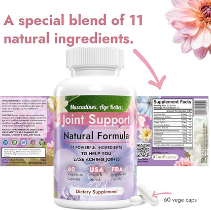 Joint Support Supplement. 11 Ingredients. 60 Capsules. USA Made. Turmeric Supplement with Quercetin, Bromelain, Glucosamine Chondroitin, Methionine, Ginger, Boswellia