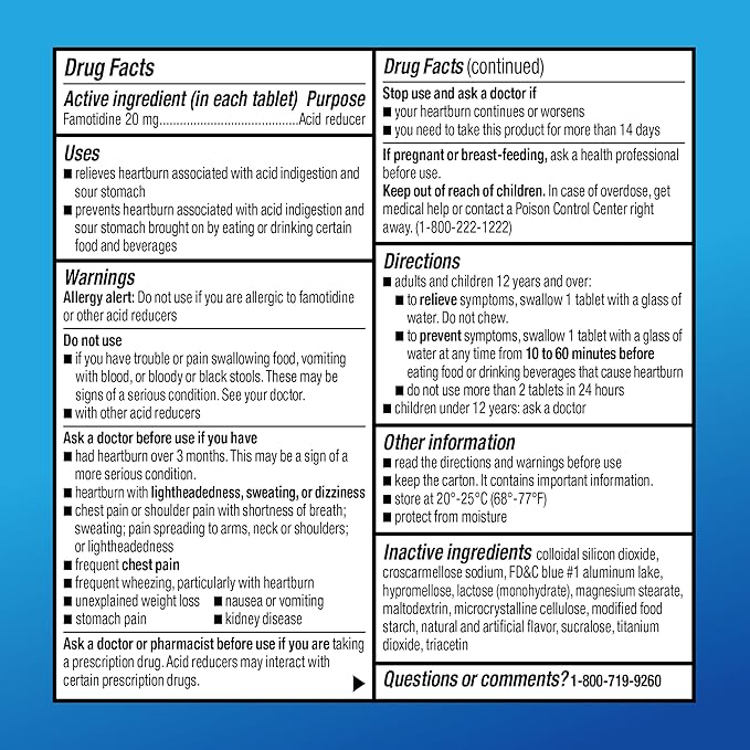 Amazon Basic Care Famotidine 20mg Cool Mint Tablets, 100 Count, White