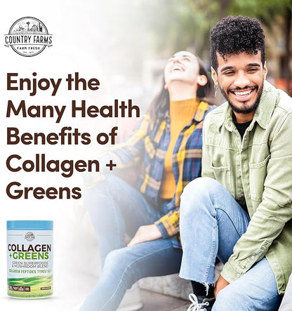 COUNTRY FARMS Collagen Peptides Powder with Greens Dietary Powder Supplement (Type I, III) for Skin Hair Nail and Joints, Dairy/Gluten/Sugar Free, Energizing Superfoods, 21.2 Oz, 60 Servings