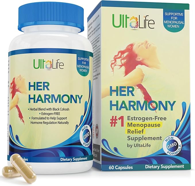 Her Harmony Menopause Supplements for Women - Hot Flashes Menopause Relief & Hormone Balance for Women - Contains Black Cohosh, Dong Quai, Red Clover & More - Estrogen Free - 60 Capsules