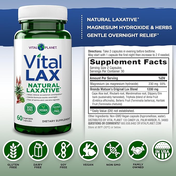 Vital Planet - Vital Lax Natural Laxative Cleanse Supplement for Occasional Constipation, with Magnesium Hydroxide, Slippery Elm, Aloe, and Triphala to Support Bowel Regularity 60 Capsules