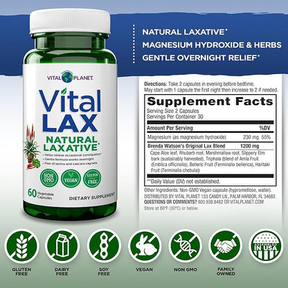 Vital Planet - Vital Lax Natural Laxative Cleanse Supplement for Occasional Constipation, with Magnesium Hydroxide, Slippery Elm, Aloe, and Triphala to Support Bowel Regularity 60 Capsules