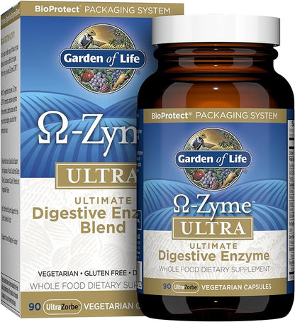 Garden of Life 21 Powerful Digestive Enzymes with Papain, Bromelain, Lipase, Ginger, Turmeric for Complete Digestion of Protein, Carbs & Fats – Omega-Zyme Ultra, Gluten-Free, Vegetarian, 90 Capsules