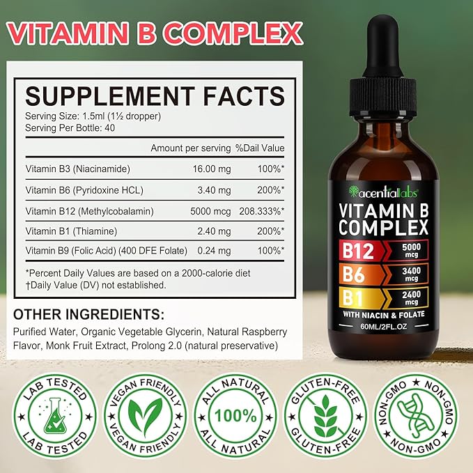 Organic Vitamin B Complex,Vitamin b Complex for Women, Vitamin B Complex Liquid, Vitamin B12 Methylcobalamin,Vitamin b6,B1,B9 for Metabolic Health Support, Vegan, Non-GMO, Gluten Free