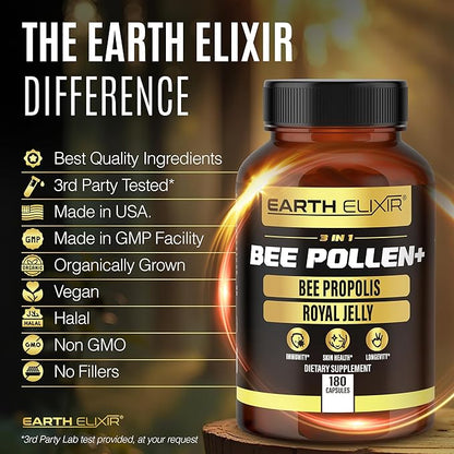 3-in-1 Organic Bee Pollen Capsule – Non-GMO, Pure Raw Bee Pollen, Royal Jelly, Propolis Extract for Women & Men – Natural Energy, Immune & Vitality Support – 180 Propolis Capsules