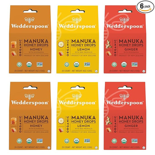 Wedderspoon Organic Manuka Honey Drops, Variety Pack, 4 Oz (Pack of 6) - Genuine New Zealand Honey - Perfect Remedy for Dry Throats