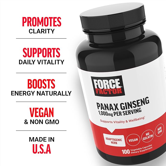 FORCE FACTOR Panax Ginseng Adaptogenic Korean Ginseng Supplement to Support Energy, Clarity, and Well Being, Non-GMO, Vegan-Friendly, Premium Quality, 100 Capsules