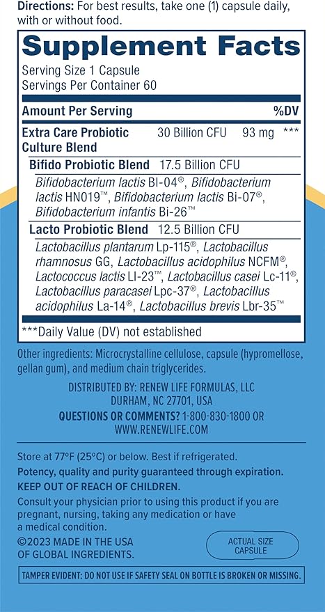 Renew Life Extra Care Probiotic Capsules, Daily Supplement Supports Immune, Digestive and Respiratory Health, L. Rhamnosus GG, Dairy, Soy and gluten-free, 30 Billion CFU, 60 Count