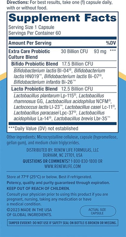 Renew Life Extra Care Probiotic Capsules, Daily Supplement Supports Immune, Digestive and Respiratory Health, L. Rhamnosus GG, Dairy, Soy and gluten-free, 30 Billion CFU, 60 Count