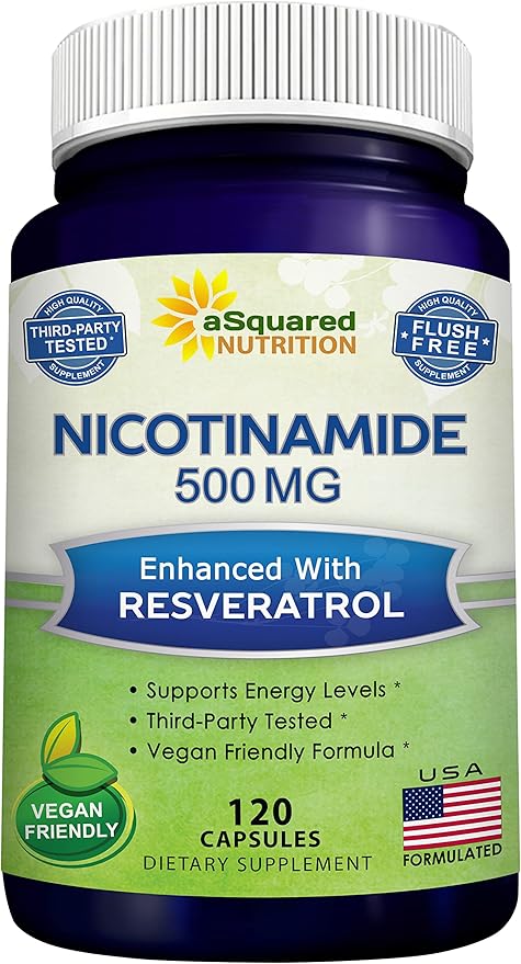 aSquared Nutrition Nicotinamide with Resveratrol - 120 Veggie Capsules - Vitamin B3 500mg (Niacinamide Flush Free) - Supplement Pills to Support NAD, Skin Cell Health & Energy