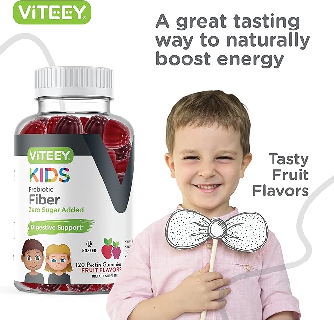 Viteey Prebiotic Kids Fiber for Constipation Relief, Digestive Health Regularity Support, Natural Weight Support - Fiber 4g, Zero Sugar Added, Vegan, Gluten Free - Tasty Chewable Fruit Flavored Gummy