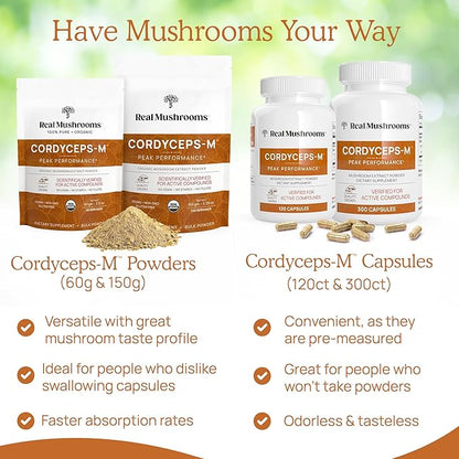Real Mushrooms Cordyceps Powder - Performance Mushroom Extract with Organic Militaris for Energy Immune Support Vegan Supplement, Boost Non-GMO, 60 Servings