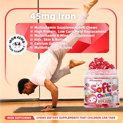 Iron Soft Chews Supplement with Vitamin C | Strawberry Flavored | Gluten Free | Iron Supplement for Women Men and Kids | 60 Count | 2 Month Supply