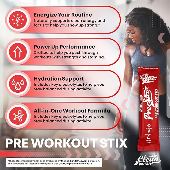 Clean Nutraceuticals Pre Workout Powder Stix - Creatine Monohydrate, Beta Alanine, L-Citrulline, Caffeine, L-Tyrosine, L-Carnitine – PreWorkout with Electrolytes – Energy Drink Alternative – 20 Count