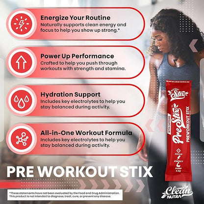 Clean Nutraceuticals Pre Workout Powder Stix - Creatine Monohydrate, Beta Alanine, L-Citrulline, Caffeine, L-Tyrosine, L-Carnitine – PreWorkout with Electrolytes – Energy Drink Alternative – 20 Count