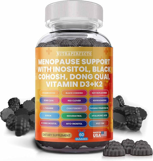 Sugar Free Menopause Support Gummies for Women with Inositol, Black Cohosh, Dong Quai, Vitamin D3 and K2 - Hormone Balance, PMS, Hot Flash & Night Sweat Relief, Perimenopause Gut Health Vegan Gummy