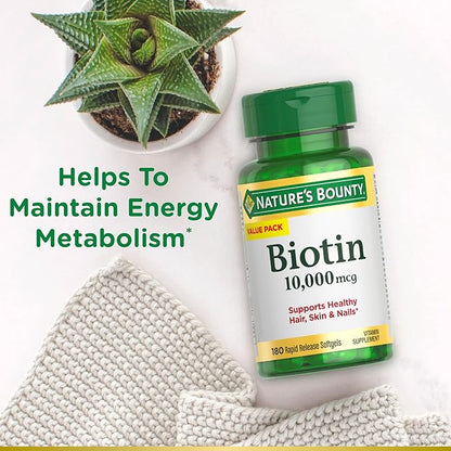 Nature's Bounty Biotin Hair Skin and Nails Vitamins, Supports Healthy Hair, Skin and Nails, 10,000 mcg, Rapid Release Softgels, 180 Ct