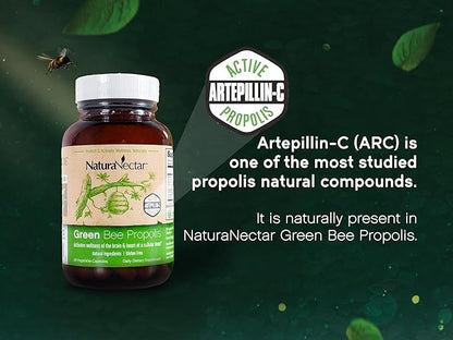 NaturaNectar - Green Bee Propolis Capsules - NSF Contents Certified Brazilian Green Propolis - Gluten-Free Propolis Supplements with Flavonoids - Naturally Sourced Through Ethical Beekeeping (60pcs.)
