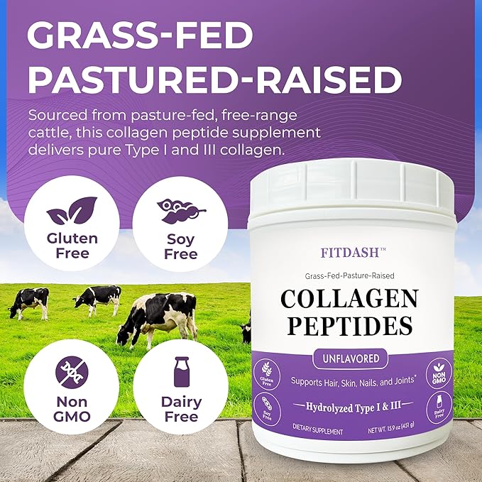 Collagen Peptides Hydrolyzed Collagen Powder Type I and III, Supports Hair, Nails, and Joints. Unflavored 41 Servings 15.9 Oz. Grass-Fed Pastured-Raised.