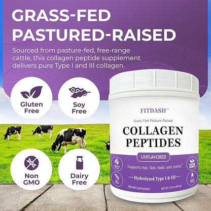 Collagen Peptides Hydrolyzed Collagen Powder Type I and III, Supports Hair, Nails, and Joints. Unflavored 41 Servings 15.9 Oz. Grass-Fed Pastured-Raised.