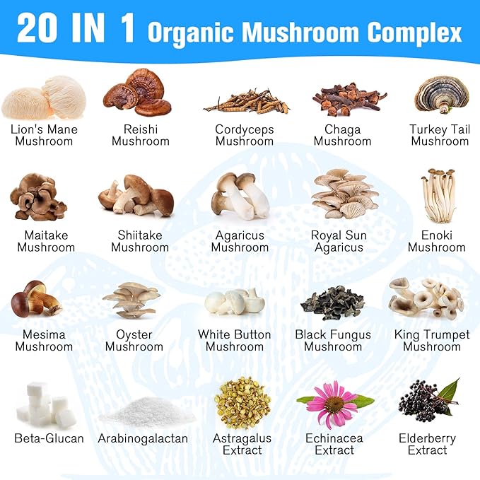 Mushroom Supplement 2600mg, 20-in-1 Mushroom Complex, with Lions Mane, Cordyceps, Reishi, Turkey Tail, Chaga - Brain Supplements for Memory and Focus, Memory Supplements, Mood, Immunity, 120 Capsule