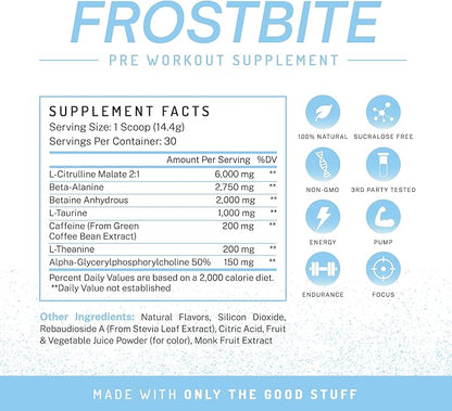 PWDRS Pre-Workout Powder, All Natural Pre Workout for Energy, Pump, Endurance & Strength, with Caffeine (Frostbite)