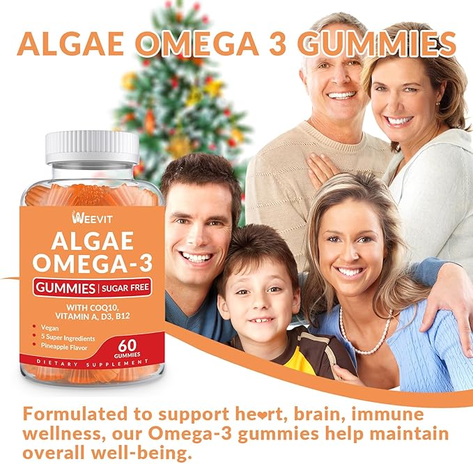 Vegan Omega 3 Gummies, Algae Omega-3 Supplement DHA 240mg, EPA 110mg w/Vitamin B12, CoQ10, Fish Oil Alternative for Adults - Brain, Bone, Eye & Immunity Support