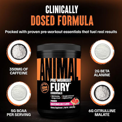 Animal Fury Pre Workout Powder Supplement for Energy and Focus 5g BCAA 350mg Caffeine Nitric Oxide Without Creatine Powerful Stimulant for Bodybuilders, Watermelon