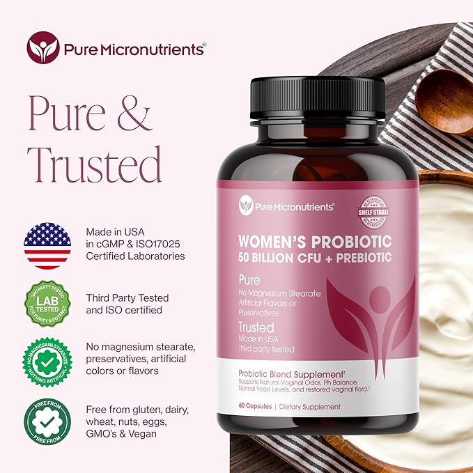 Pure Micronutrients Probiotics for Women, PH Balance & Vaginal Health Support, 50 Billion CFU Per Serve, Gut, Digestive & Urinary Tract Care, Lactobacillus & Prebiotics, 60 Capsules