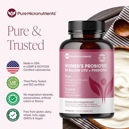 Pure Micronutrients Probiotics for Women, PH Balance & Vaginal Health Support, 50 Billion CFU Per Serve, Gut, Digestive & Urinary Tract Care, Lactobacillus & Prebiotics, 60 Capsules