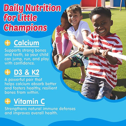 Kids Omega 3 Gummies with Calcium, Vitamin D3 & K2, C, Omega-3 DHA Gummies for Focus and Memory, Bone Health & Immune Support, Kids Omega3 Supplement - No Fish Taste, Non-GMO, Chewable, 2 Pack