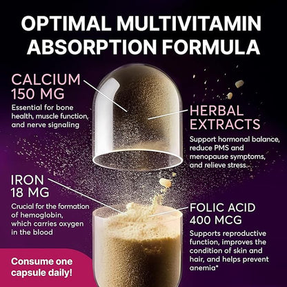 Multivitamin Supplement for Women | Complete Complex with Vitamin A, C, D, E, B12, Zinc & More | Hair, Skin & Nail Beauty Vitamins | Reproductive, Activity & Immune Support Supplement | 60 Capsules