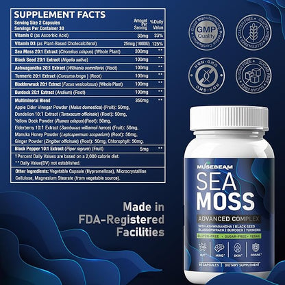 Irish Sea Moss 6000mg - 2000mg Black Seed Oil Ashwagandha Burdock Root Ginger Capsules - Advanced Seamoss Vitamin Multi Mineral Complex Supplement Pills for Men Women