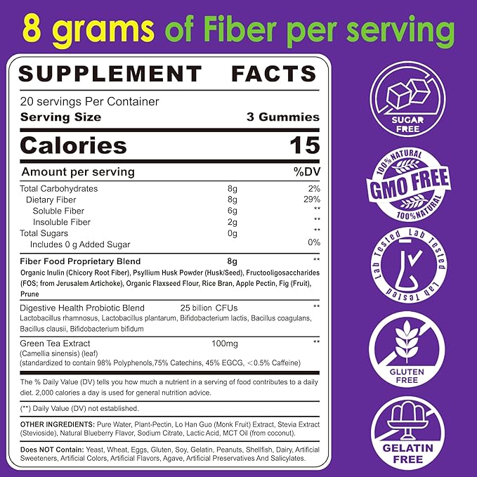 Fiber Gummies for Adults 8g (Inulin, Psyllium Husk, FOS More) with Probiotics, Green Tea Extract, Sugar Free Plant Based Fiber Supplement Blend for Digestive Health, Regularity, Non-GMO, Vegan, 120Cts