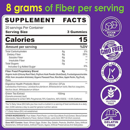 Fiber Gummies for Adults 8g (Inulin, Psyllium Husk, FOS More) with Probiotics, Green Tea Extract, Sugar Free Plant Based Fiber Supplement Blend for Digestive Health, Regularity, Non-GMO, Vegan, 120Cts