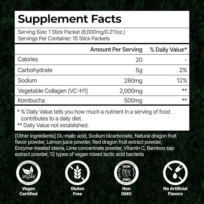 PLANT Vegan Collagen Peptide Kombucha Powder Probioitics & Vitamin C | Tripeptide Vegetarian Collagen Booster 2000mg, Dragonfruit Lime | 15 Packets, Gut & Skin Health Anti-Aging Hydration Drink Mix