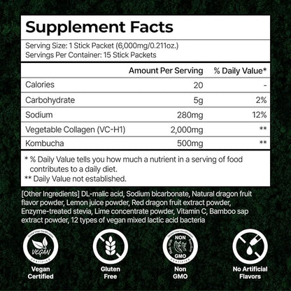 PLANT Vegan Collagen Peptide Kombucha Powder Probioitics & Vitamin C | Tripeptide Vegetarian Collagen Booster 2000mg, Dragonfruit Lime | 15 Packets, Gut & Skin Health Anti-Aging Hydration Drink Mix