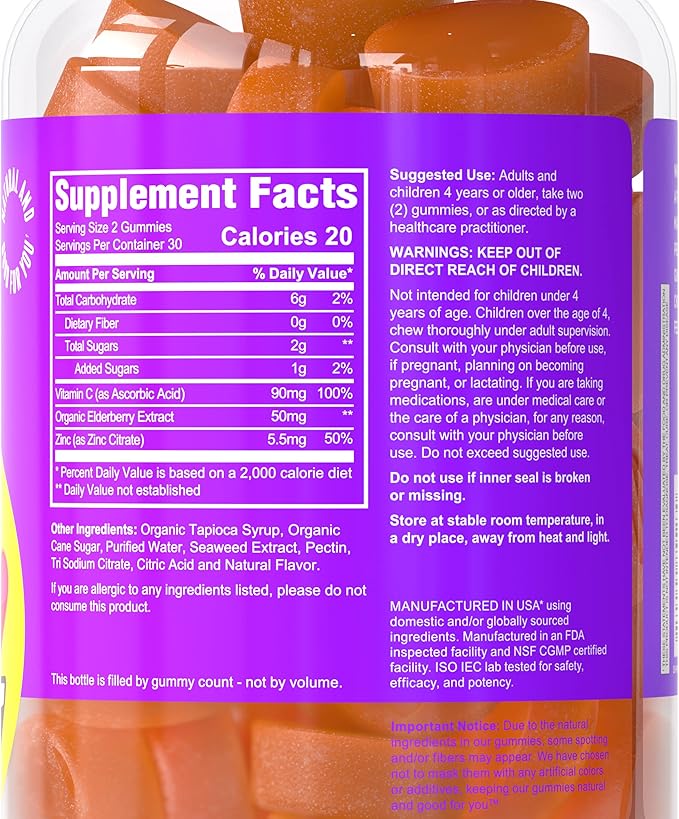 HEARTY Immune Support Gummies, Elderberry, Zinc & Vitamin C Gummies for Kids & Adults, Kid Vitamins for Immune System Support, Adult Immunity Supplement, Non-GMO, 60 Gummy Count