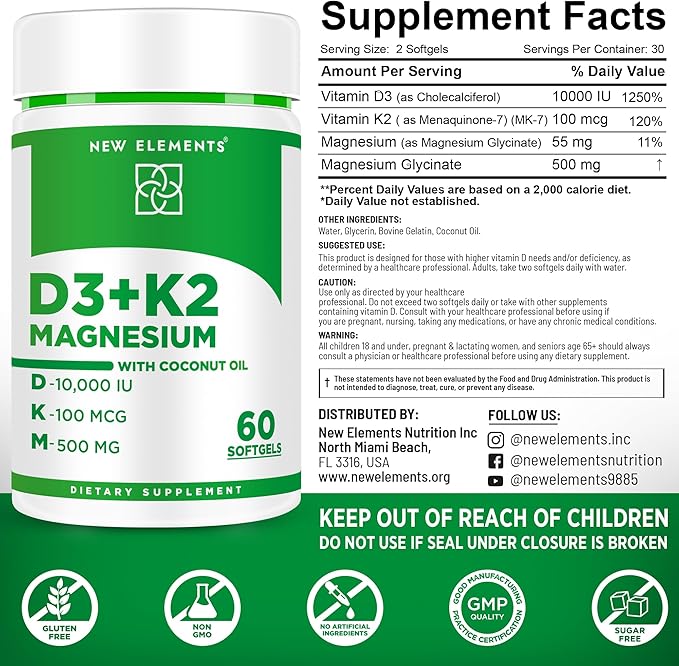 Vitamin D3 K2 10000iu with Magnesium Glycinate 500mg - Bone Health, Immune Support, Energy & Mood - Non-GMO, Gluten-Free, Sugar-Free Softgels for Women & Men