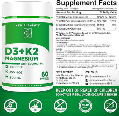 Vitamin D3 K2 10000iu with Magnesium Glycinate 500mg - Bone Health, Immune Support, Energy & Mood - Non-GMO, Gluten-Free, Sugar-Free Softgels for Women & Men