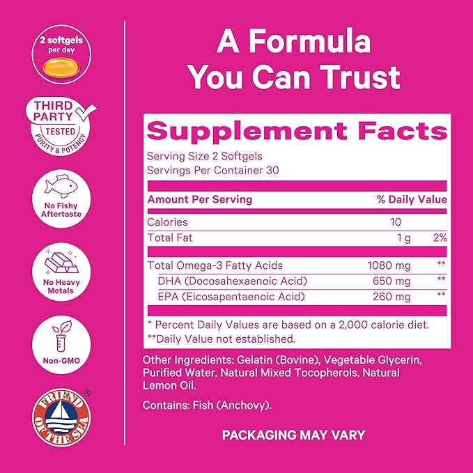 Pink Stork Omega 3 Fish Oil Supplements for Women with DHA and EPA - High Potency Burpless Omega-3 Supplement for Cognitive Health - 60 Softgels